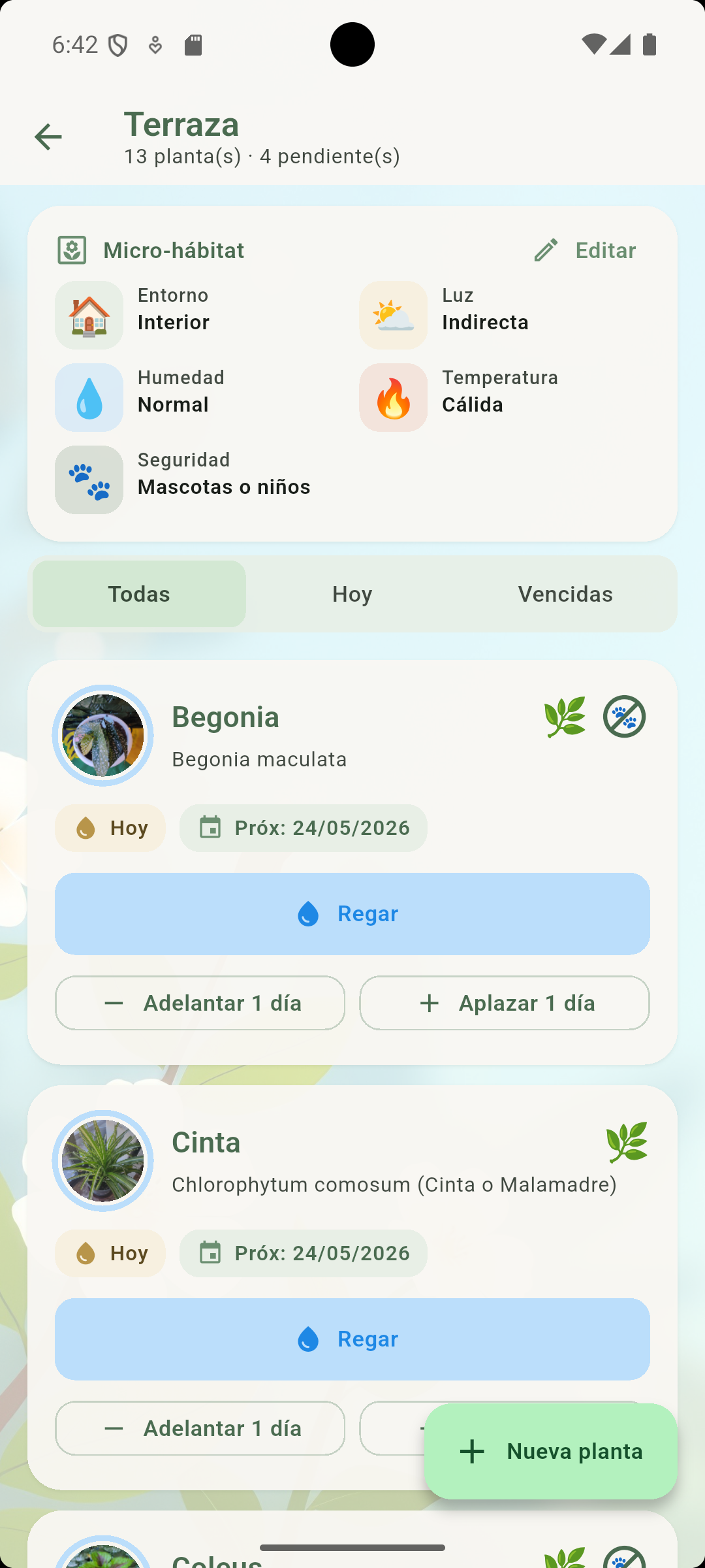 JardinerIA — Espacio Terraza con micro-hábitat y cola de riego hoy