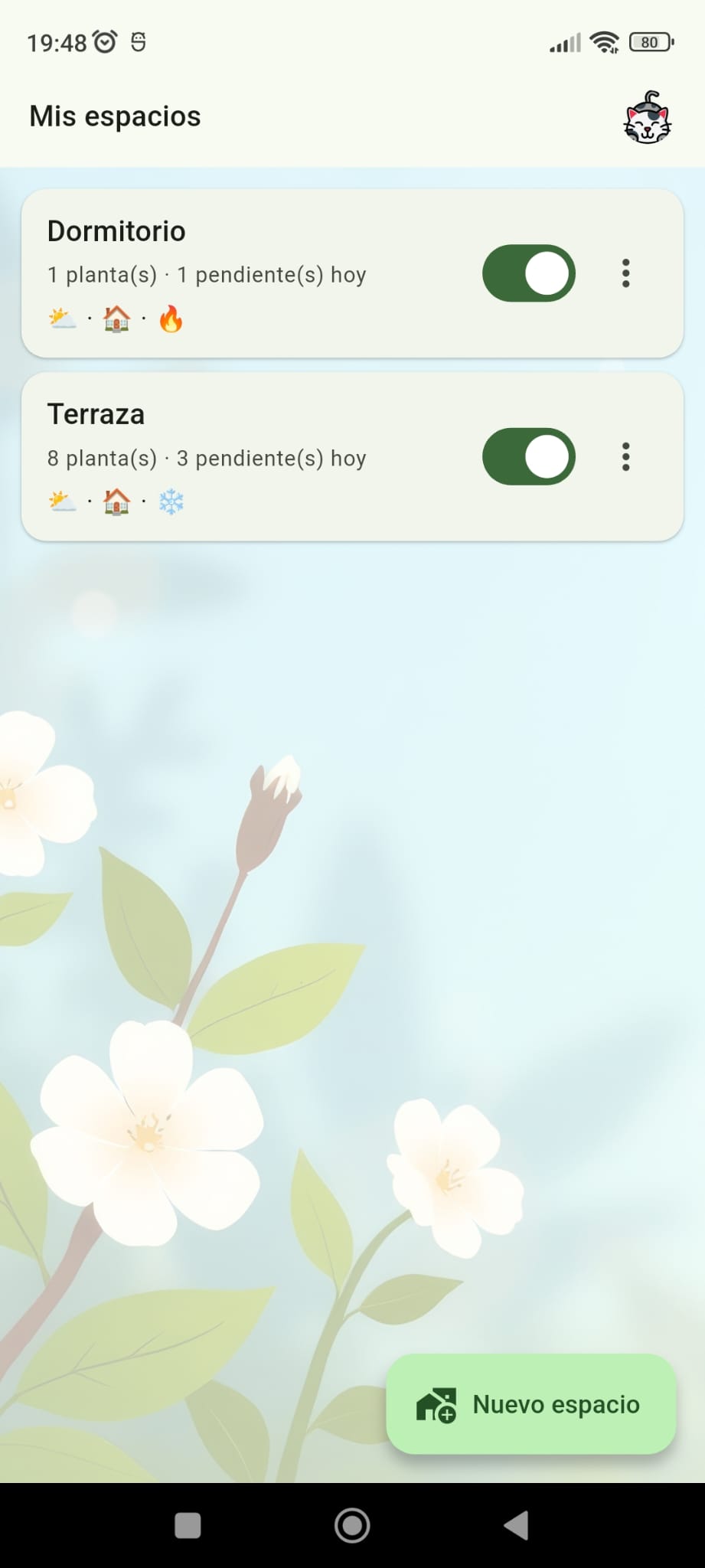 Pantalla Mis espacios: tarjetas Dormitorio y Terraza con plantas pendientes hoy.