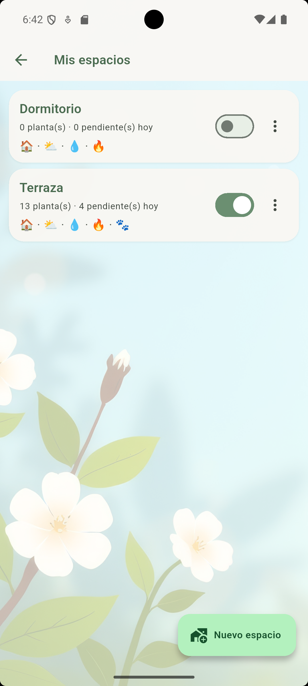 JardinerIA — Mis espacios: dormitorio y terraza con plantas pendientes hoy