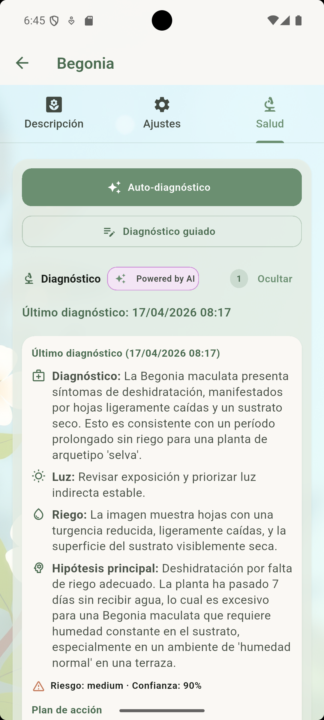 JardinerIA — Diagnóstico botánico con IA en la pestaña Salud